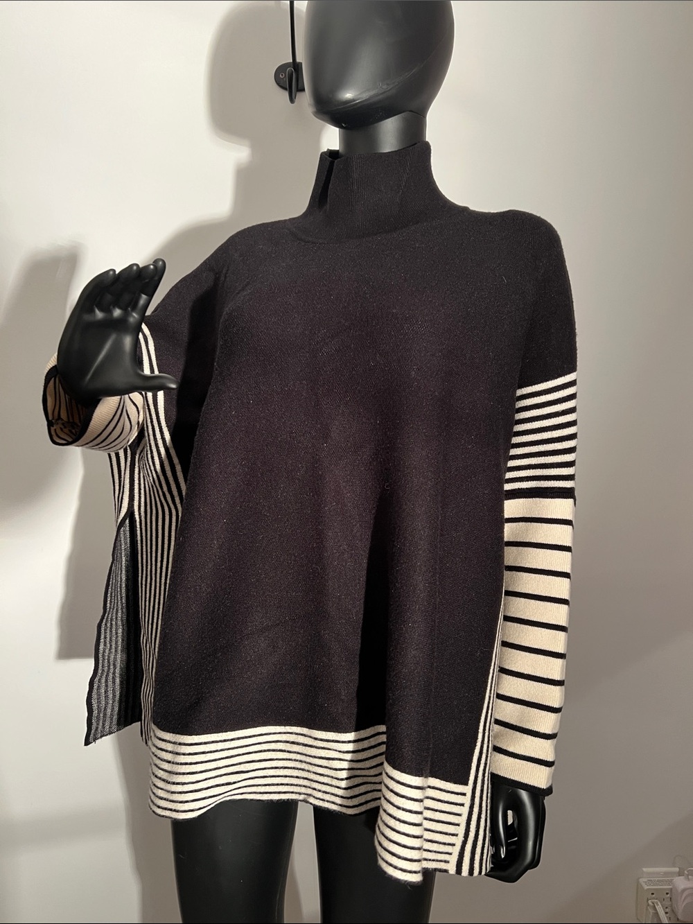 Max Studio Black Mock Neck Sweater with Cream Striped Sleeves